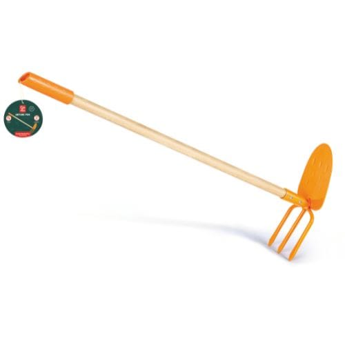 Hape two-prong toy hoe for kids, bright plastic gardening tool with two prongs and a colorful handle for outdoor play.