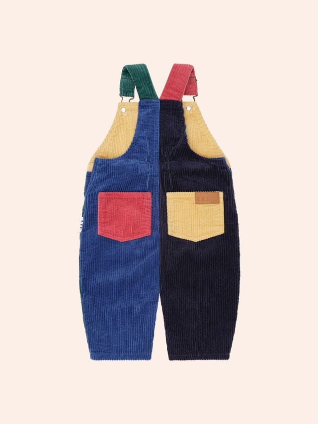 Huxbaby boys color block cord overalls featuring vibrant fabric and adjustable straps, ideal for casual, playful wear.