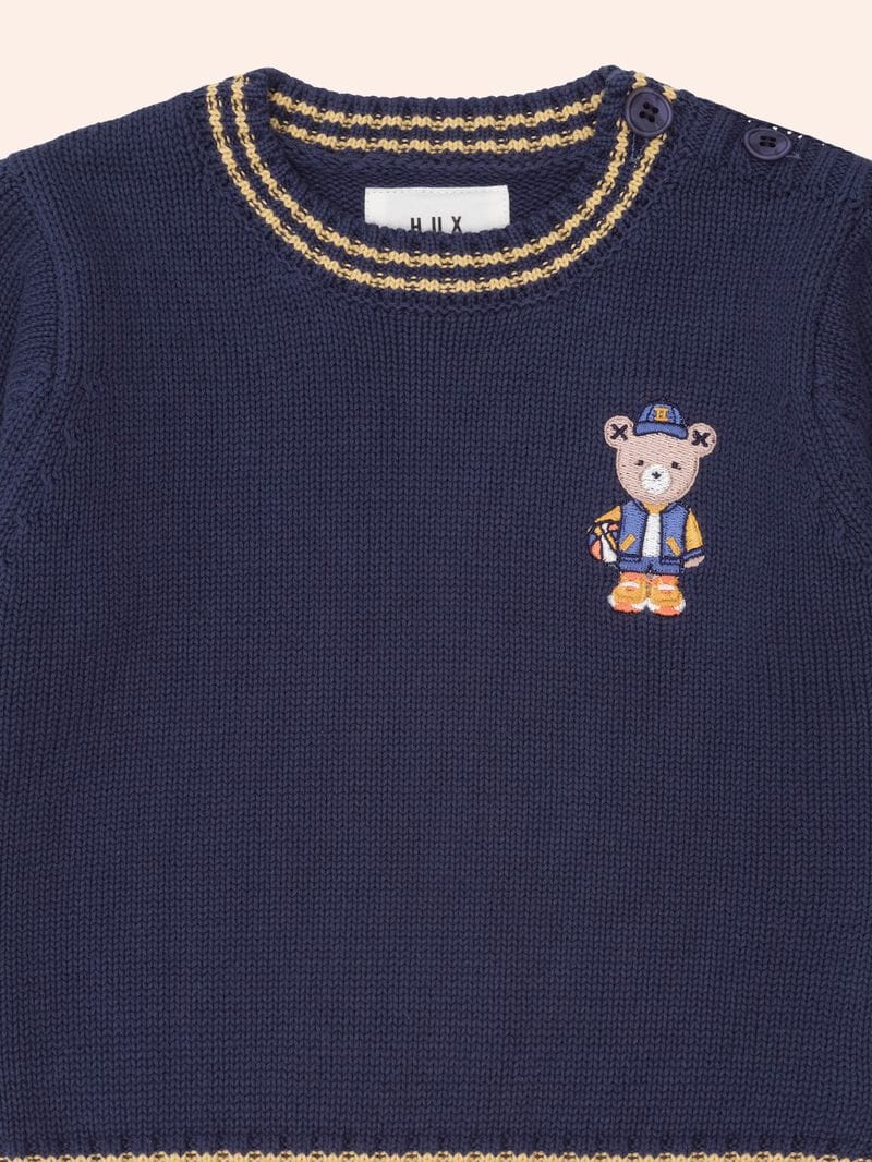 Huxbaby boys jumper Baller Hux Tipped Pullover in soft fabric, featuring a stylish design and ribbed cuffs.