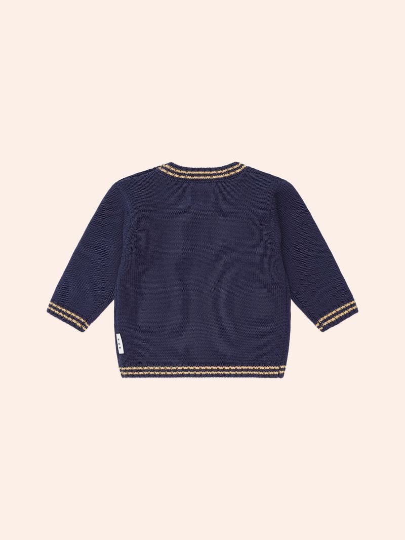 Bright blue boys' jumper by Huxbaby featuring a Baller Hux Tipped Pullover design with cozy knit fabric.