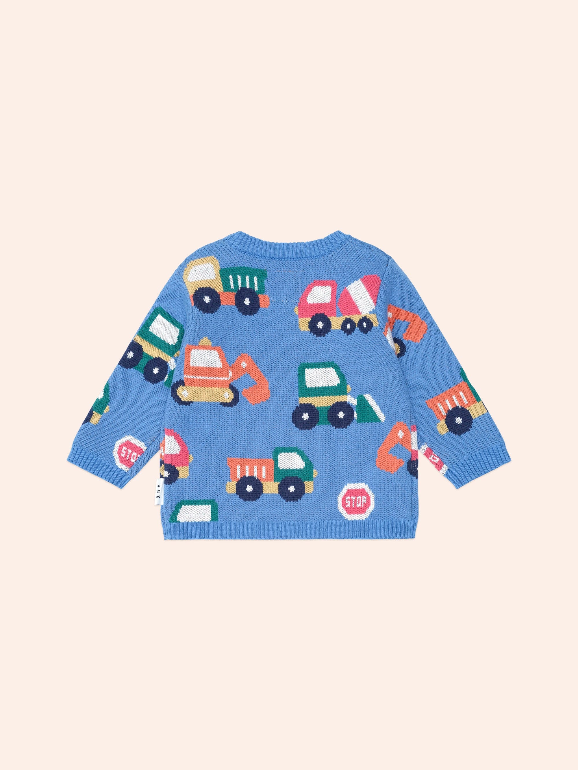 Huxbaby boys' construction pullover, soft and cozy top with playful construction vehicle print, perfect for kids' casual wear.