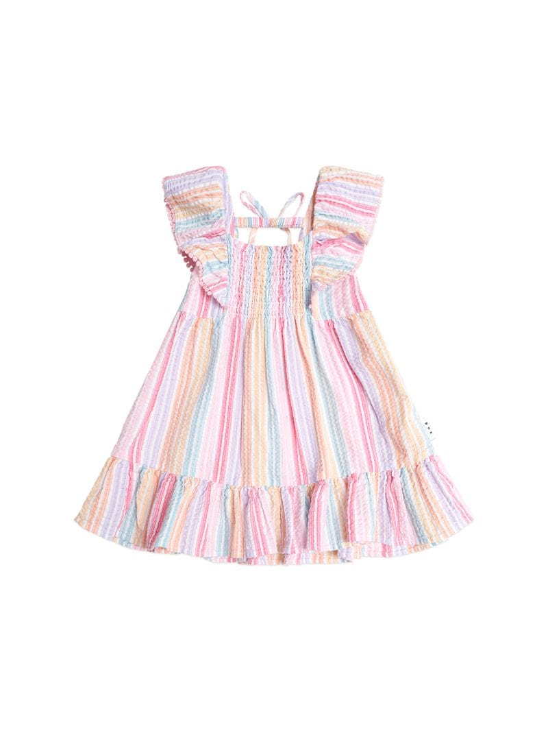 Huxbaby Girls Dress 2Y Rainbow Stripe Shirred Frill Dress