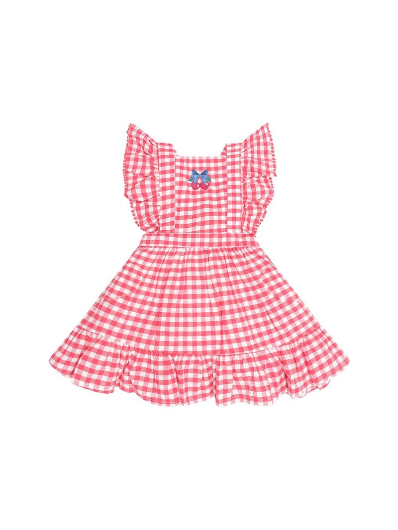 Huxbaby Girls Dress Cherry Bow Gingham Pinafore
