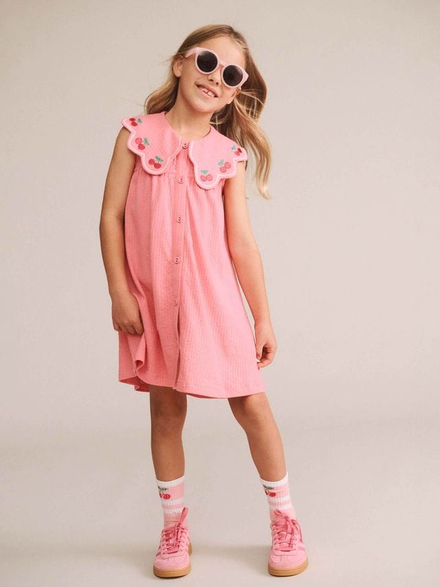 Huxbaby Girls Dress Cherry Embroidered Collar Dress