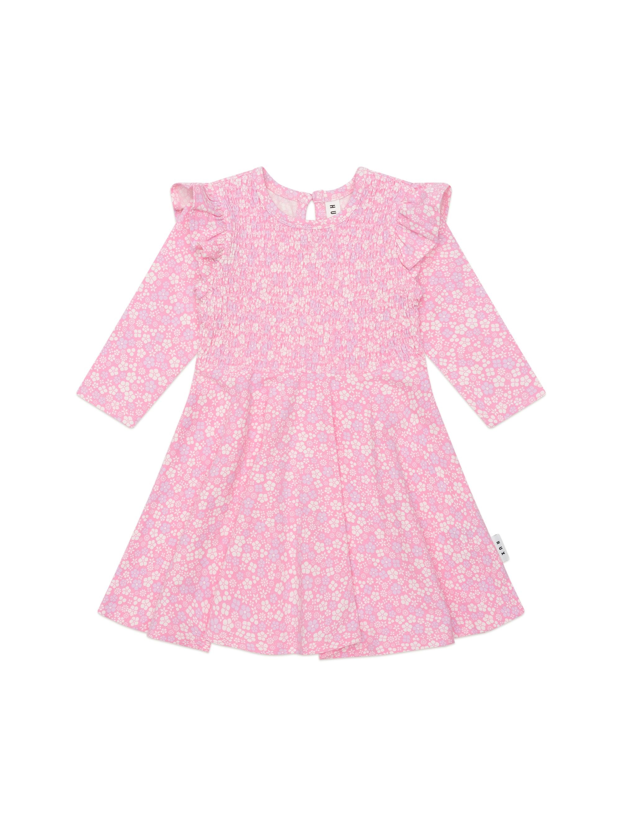 Huxbaby Girls Dress Ditsy Floral Shirred Long Sleeve Dress