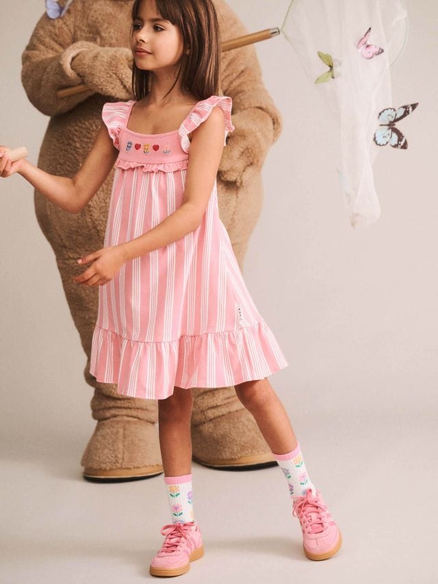 Huxbaby Girls Dress Floral Embroidered Stripe Dress