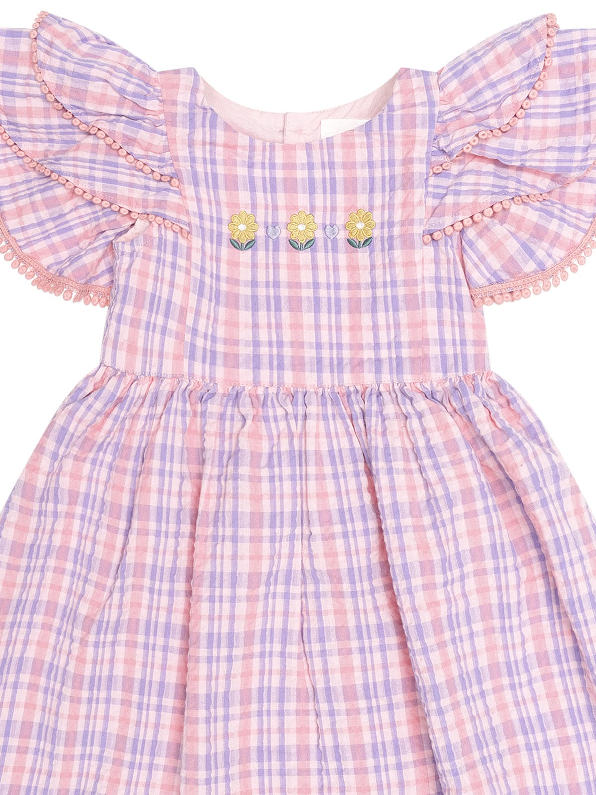 Huxbaby Girls Dress Floral Embroidered Tropical Check Dress
