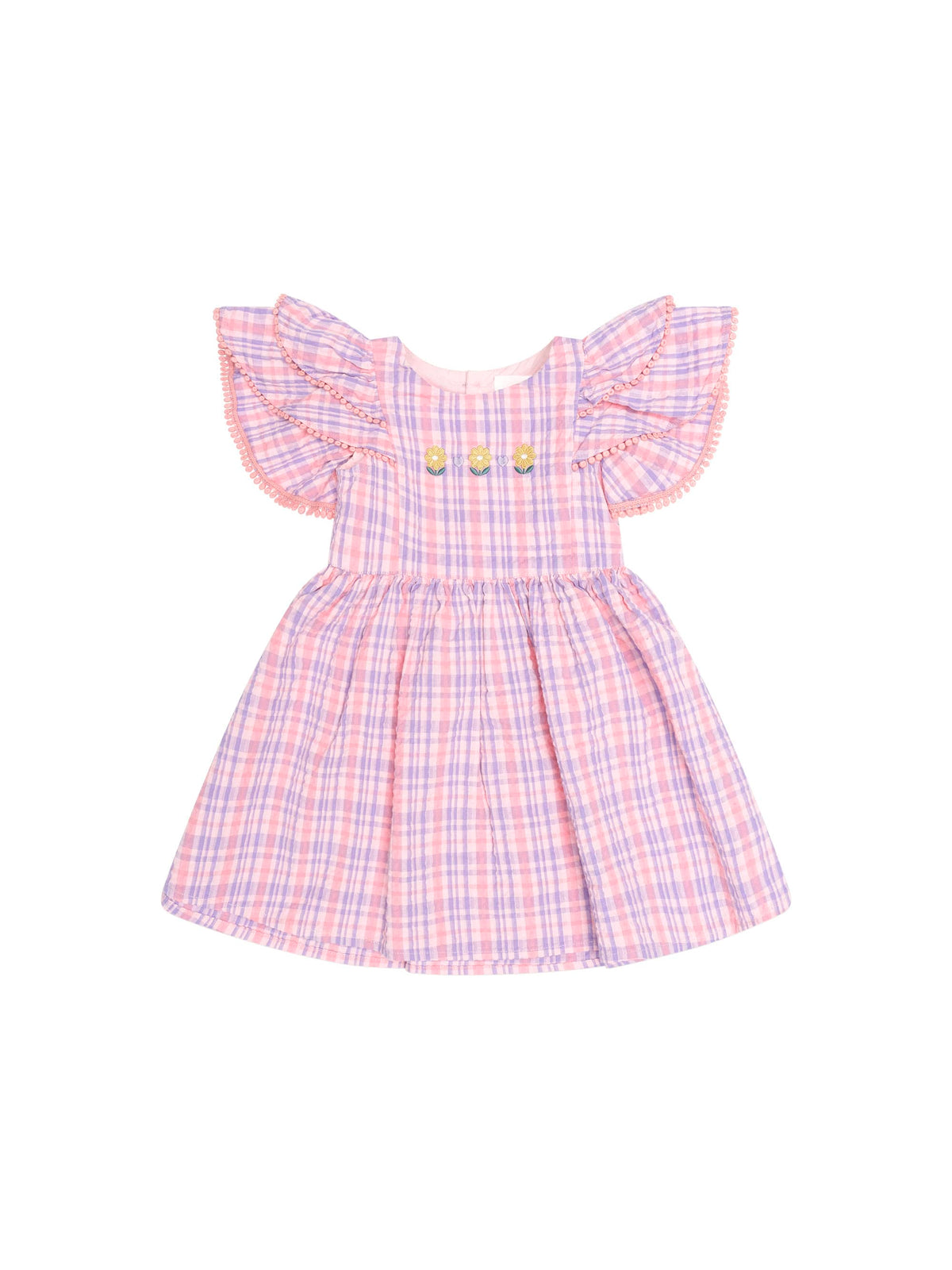 Huxbaby Girls Dress Floral Embroidered Tropical Check Dress