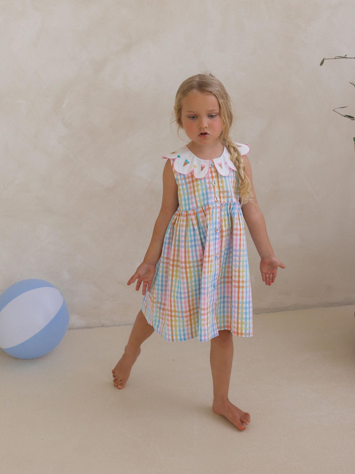 Huxbaby Girls Dress Ice Cream Rainbow Check Collar Dress