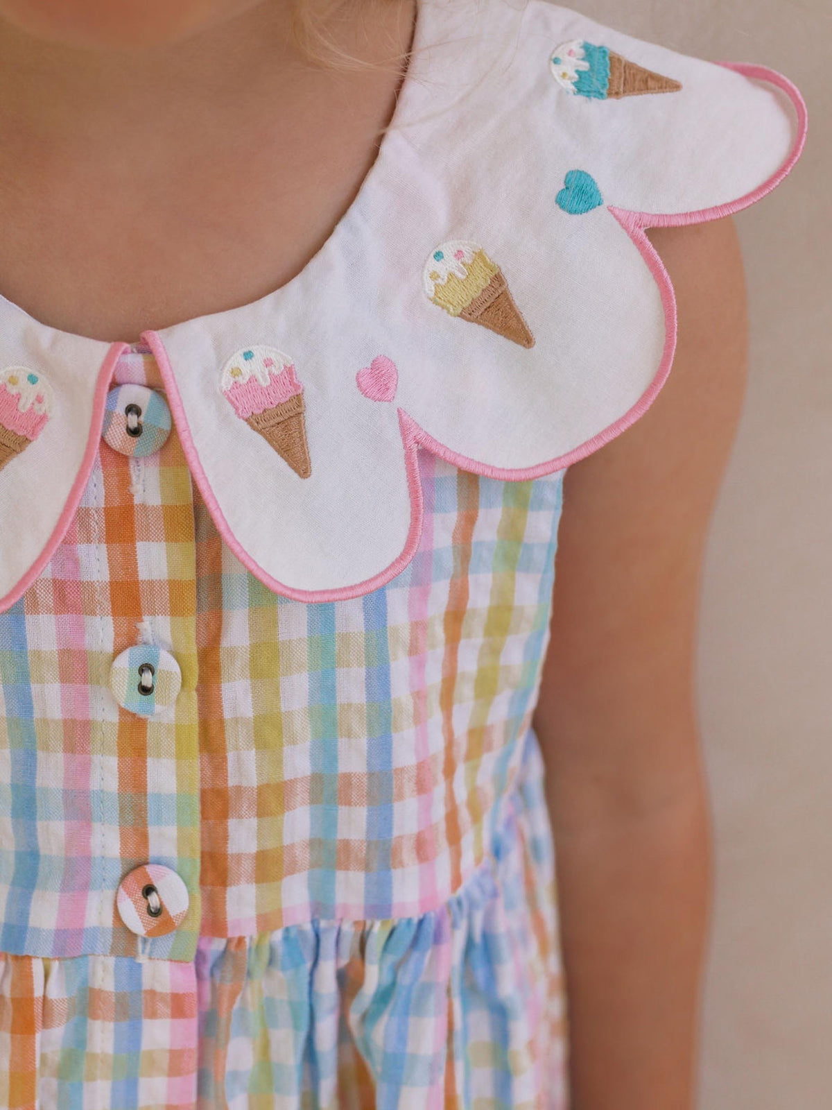 Huxbaby Girls Dress Ice Cream Rainbow Check Collar Dress