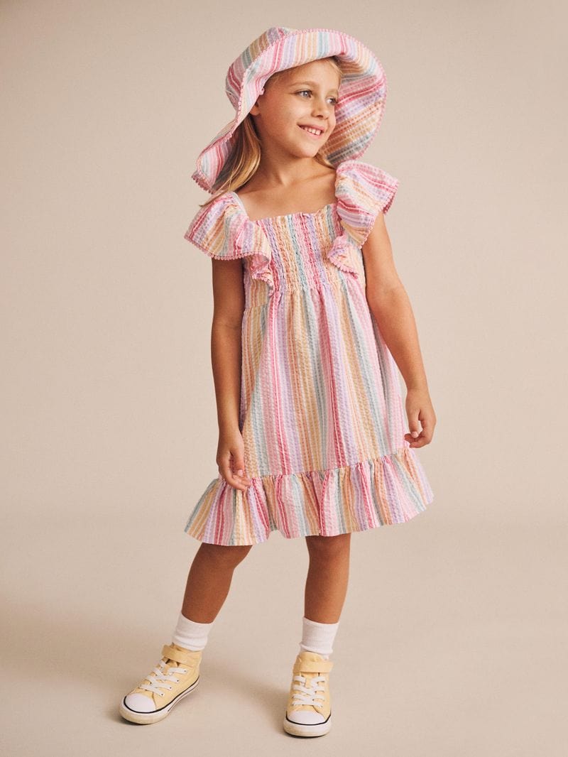 Huxbaby Girls Dress Rainbow Stripe Shirred Frill Dress