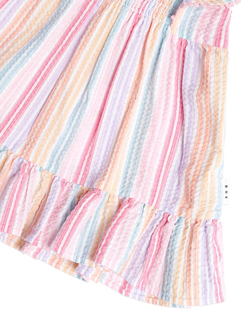 Huxbaby Girls Dress Rainbow Stripe Shirred Frill Dress