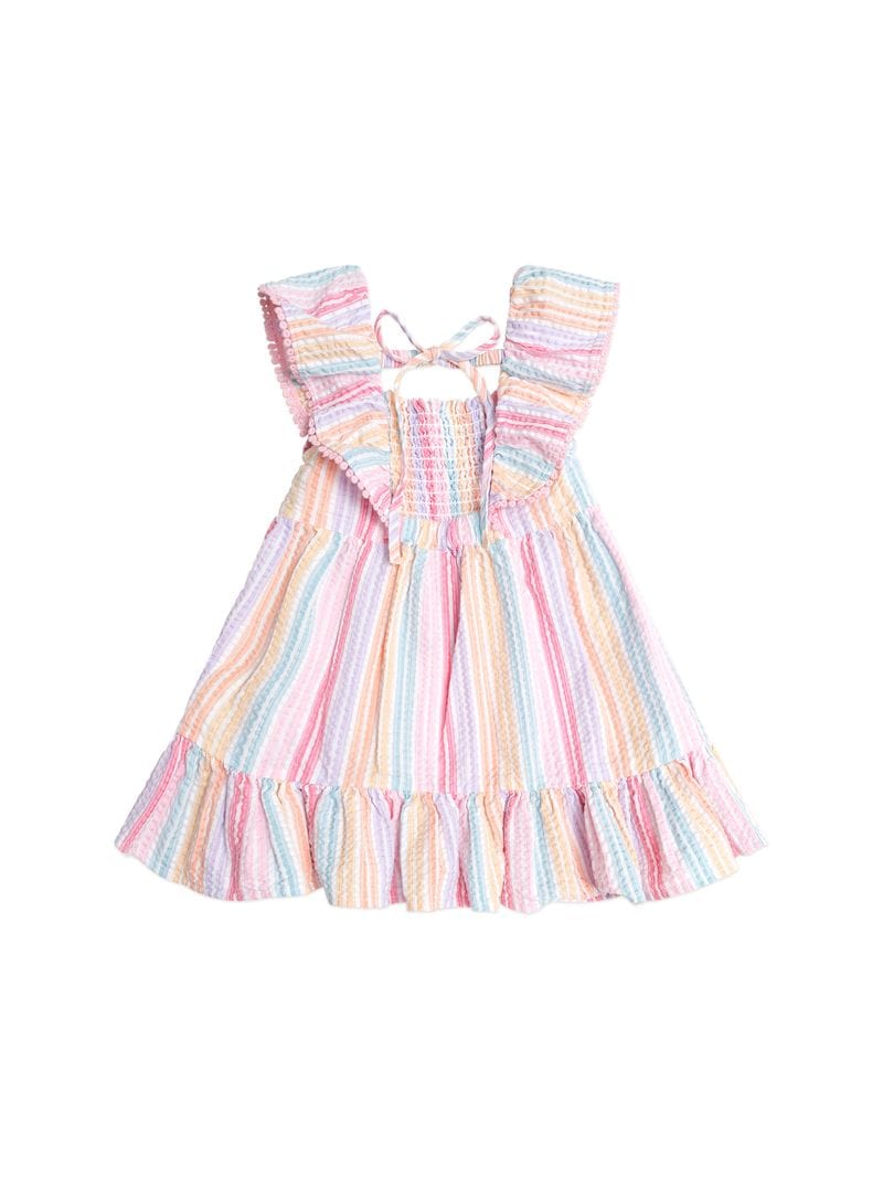 Huxbaby Girls Dress Rainbow Stripe Shirred Frill Dress