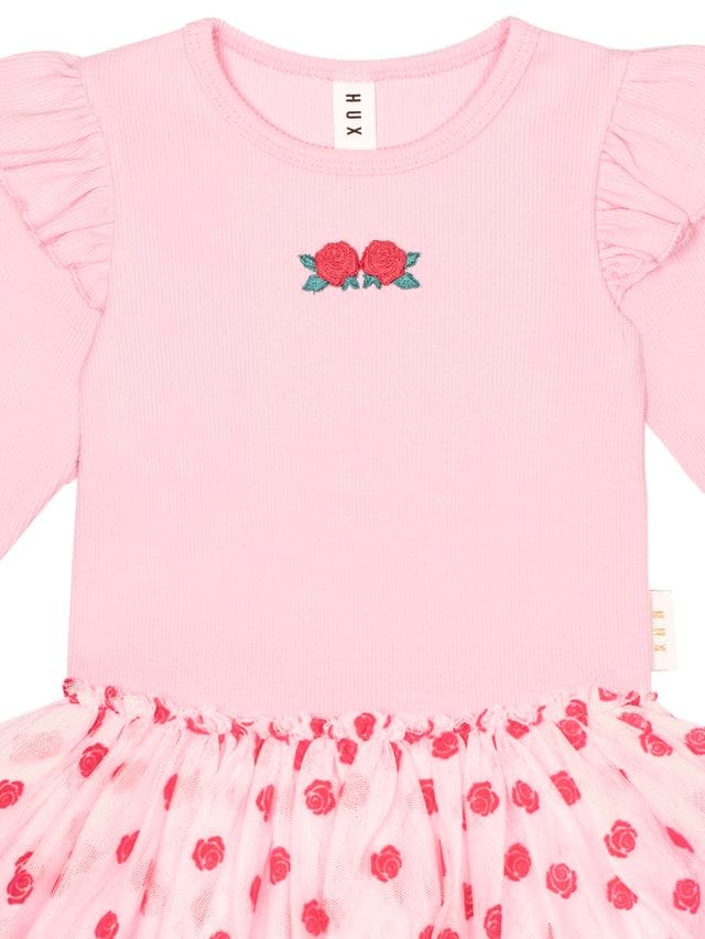 Girls dress by Huxbaby featuring delicate rose embroidery on soft tulle fabric, perfect for special occasions.