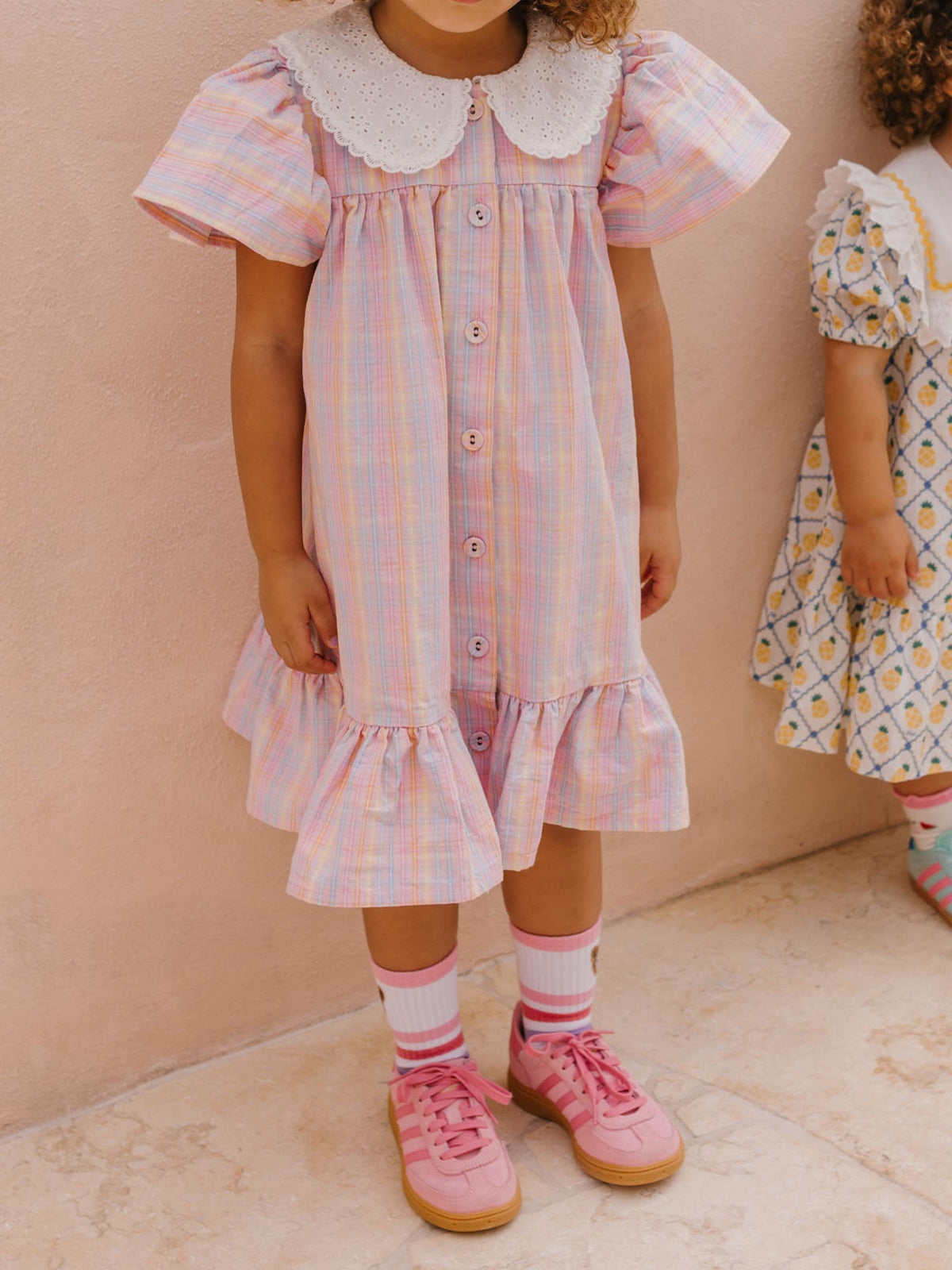 Huxbaby Girls Dress Seaside Rainbow Stripe Lace Collar Dress