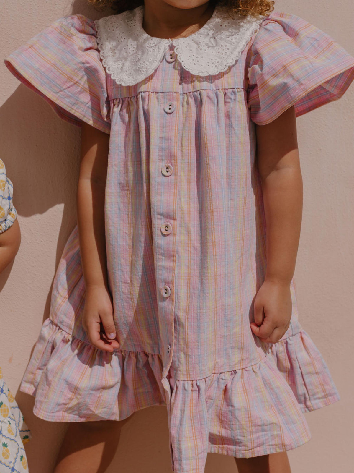 Huxbaby Girls Dress Seaside Rainbow Stripe Lace Collar Dress