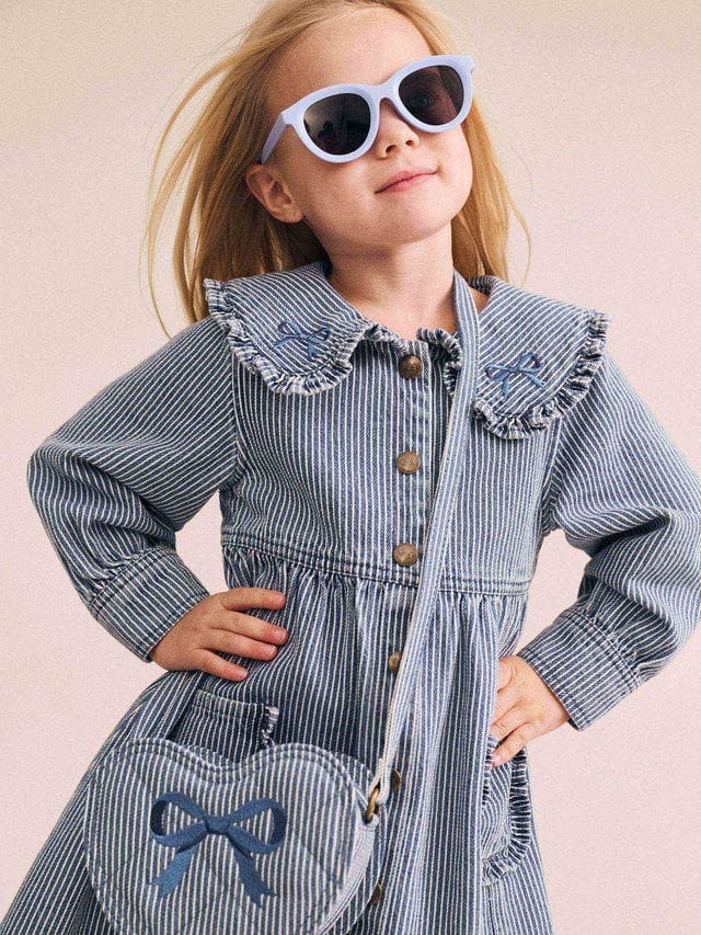 Huxbaby Girls Dress Vintage Bow Collar Denim Dress
