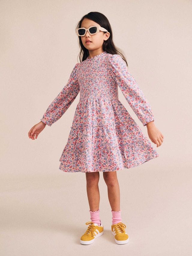 Huxbaby Girls Dress Vintage Floral Puff Long Sleeve Shirred Dress
