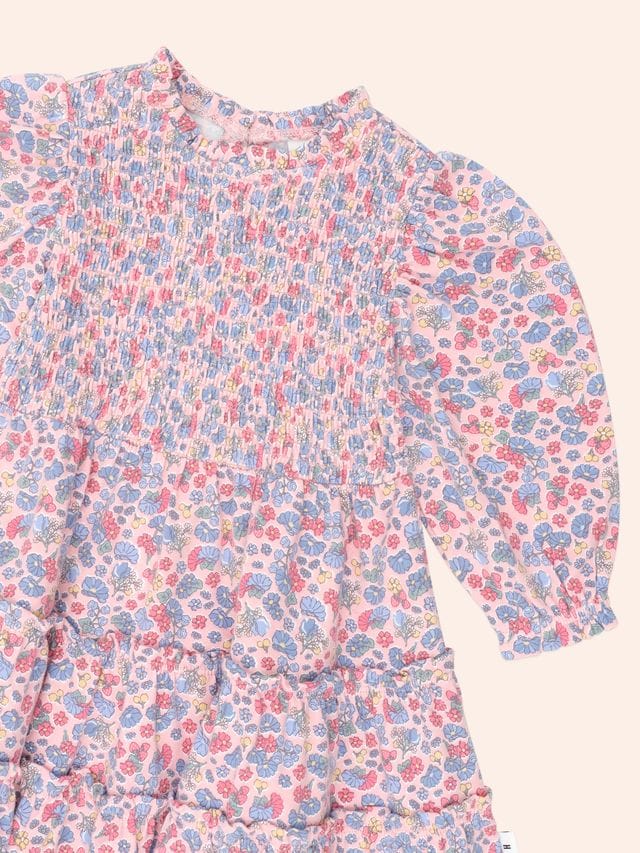 Huxbaby Girls Dress Vintage Floral Puff Long Sleeve Shirred Dress