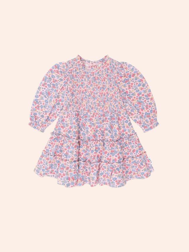 Huxbaby Girls Dress Vintage Floral Puff Long Sleeve Shirred Dress