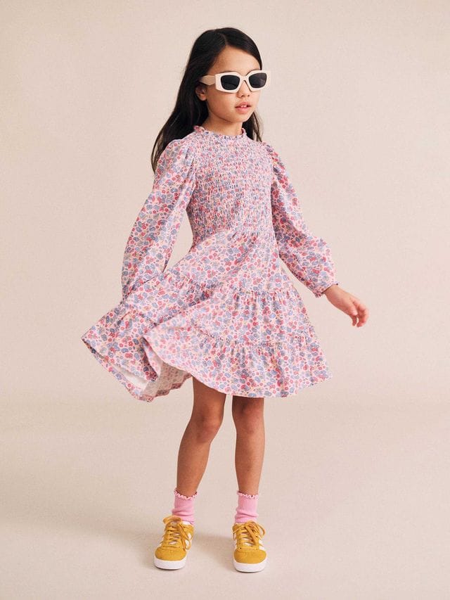 Huxbaby Girls Dress Vintage Floral Puff Long Sleeve Shirred Dress