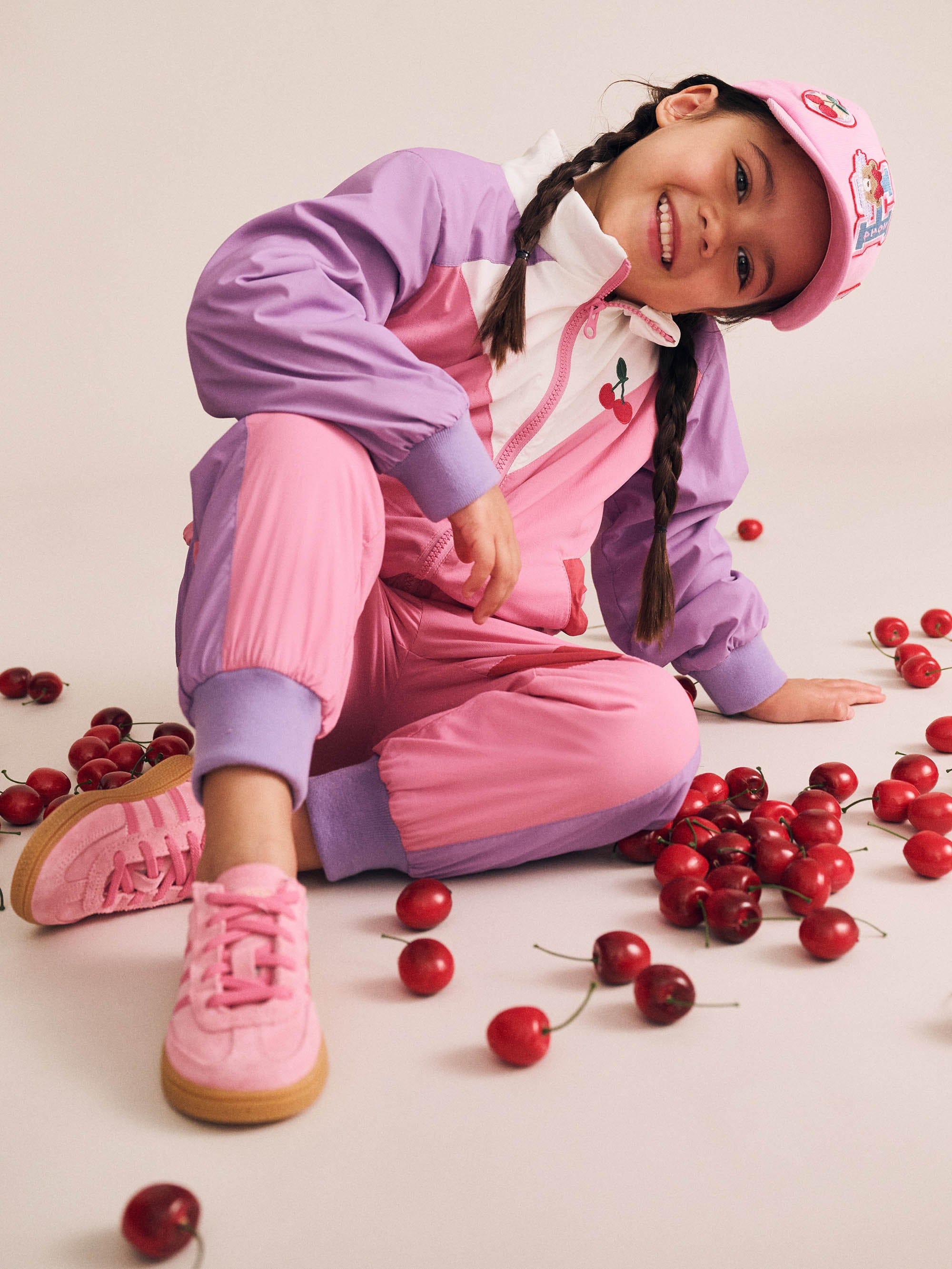 Huxbaby Girls Jacket Retro Cherry Spliced Windbreaker