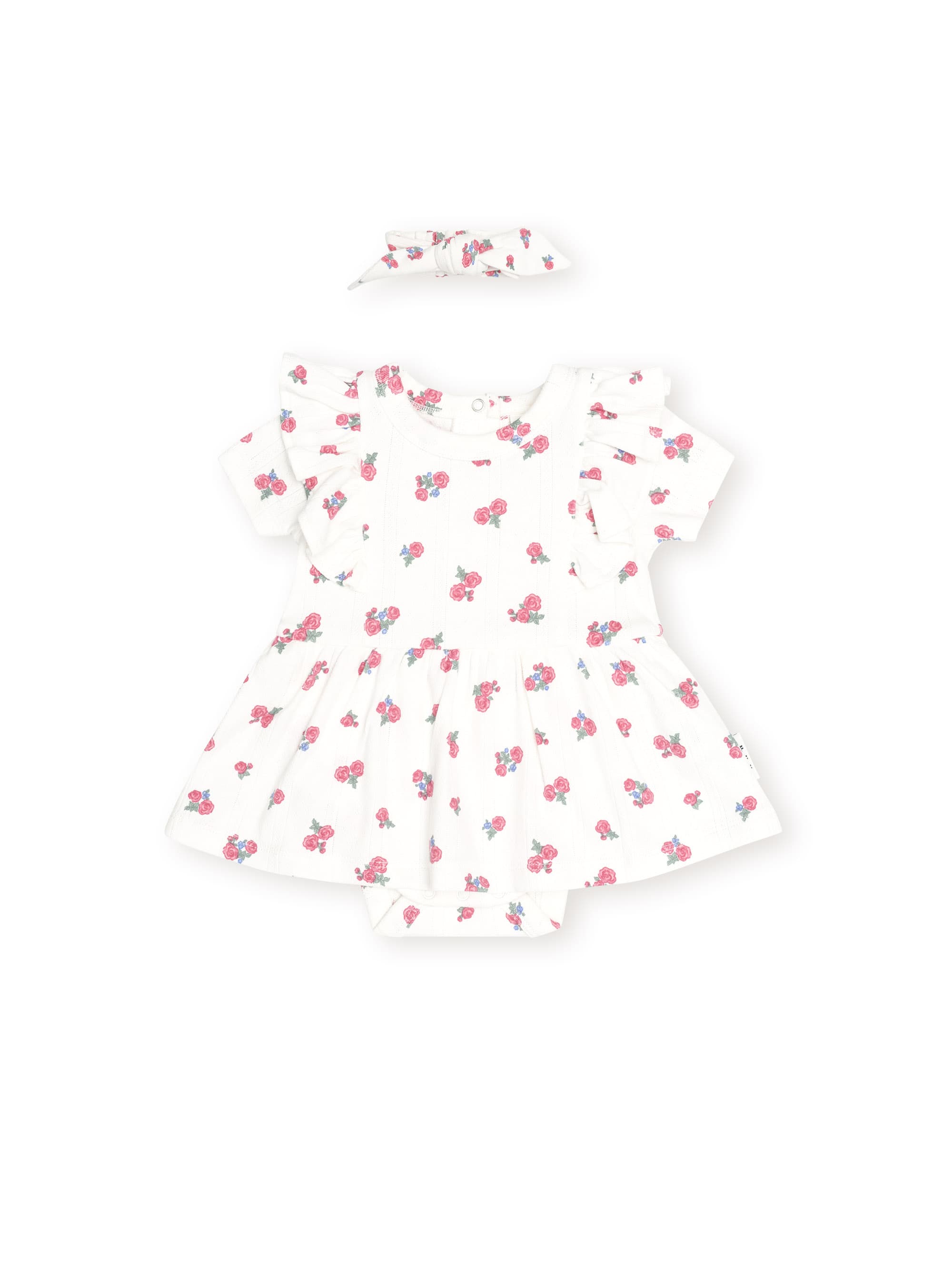 Huxbaby Girls Onesie Floral Pointelle S/less Dress Romper And Headband