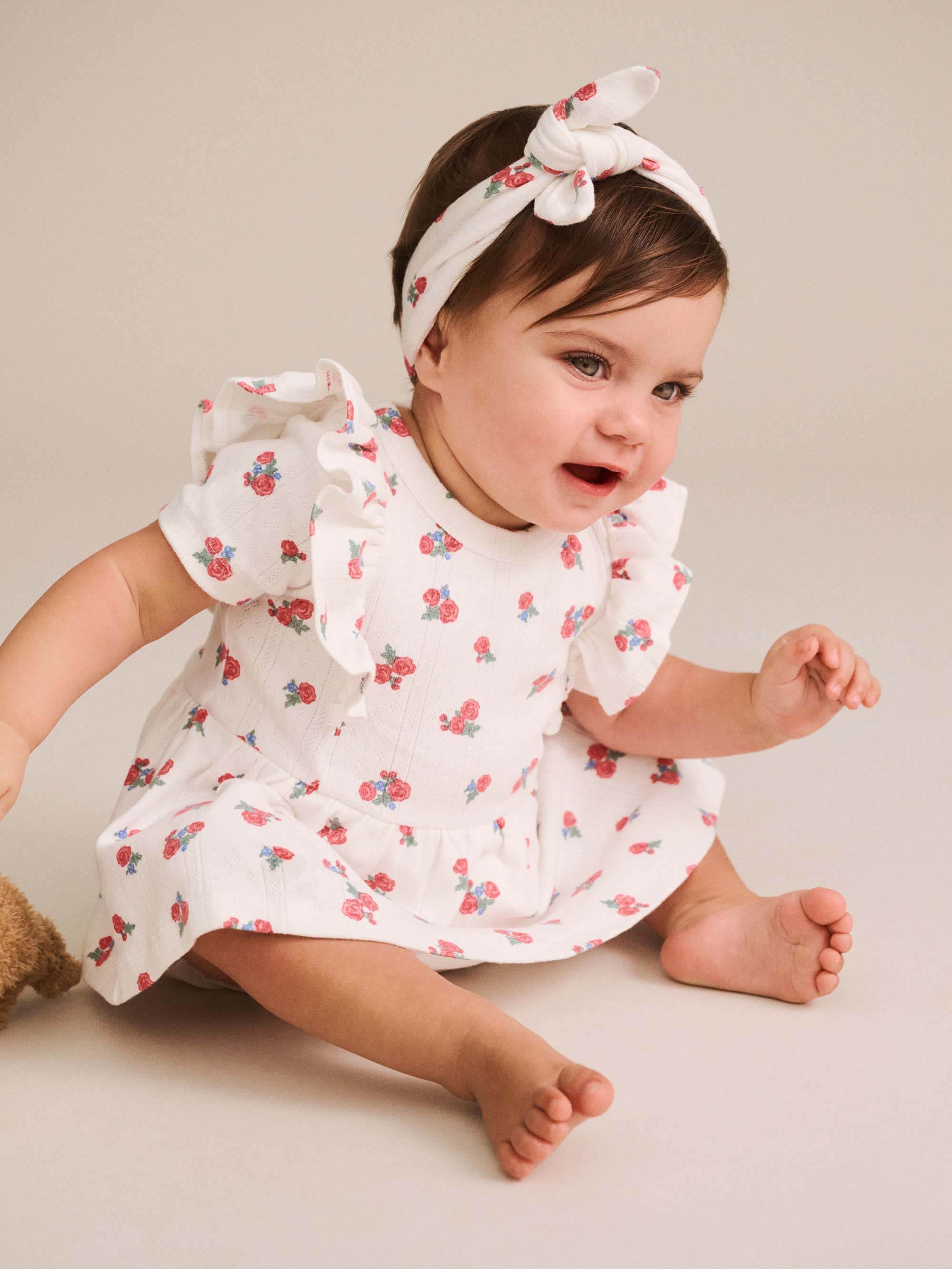 Huxbaby Girls Onesie NB Floral Pointelle S/less Dress Romper And Headband