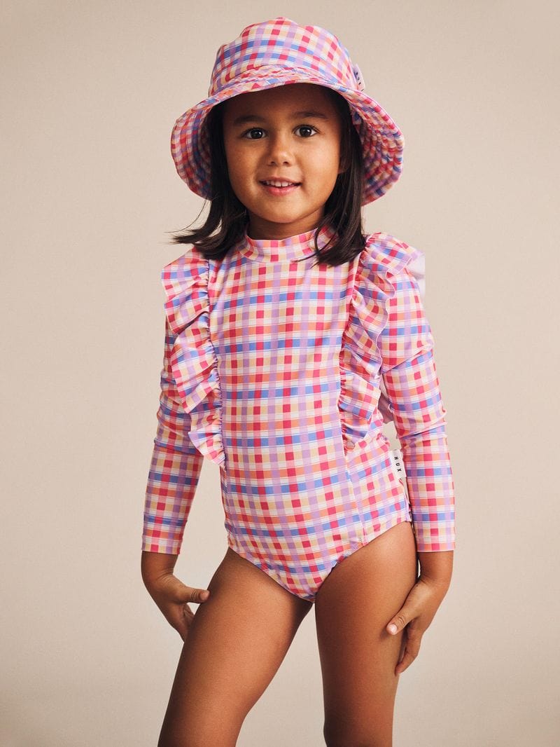 Huxbaby Girls Swimwear Scandi Frill Swimsuit Rainbow Check