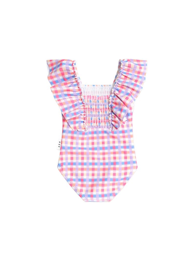 Huxbaby Girls Swimwear Shirred Frill Swimsuit Rainbow Check