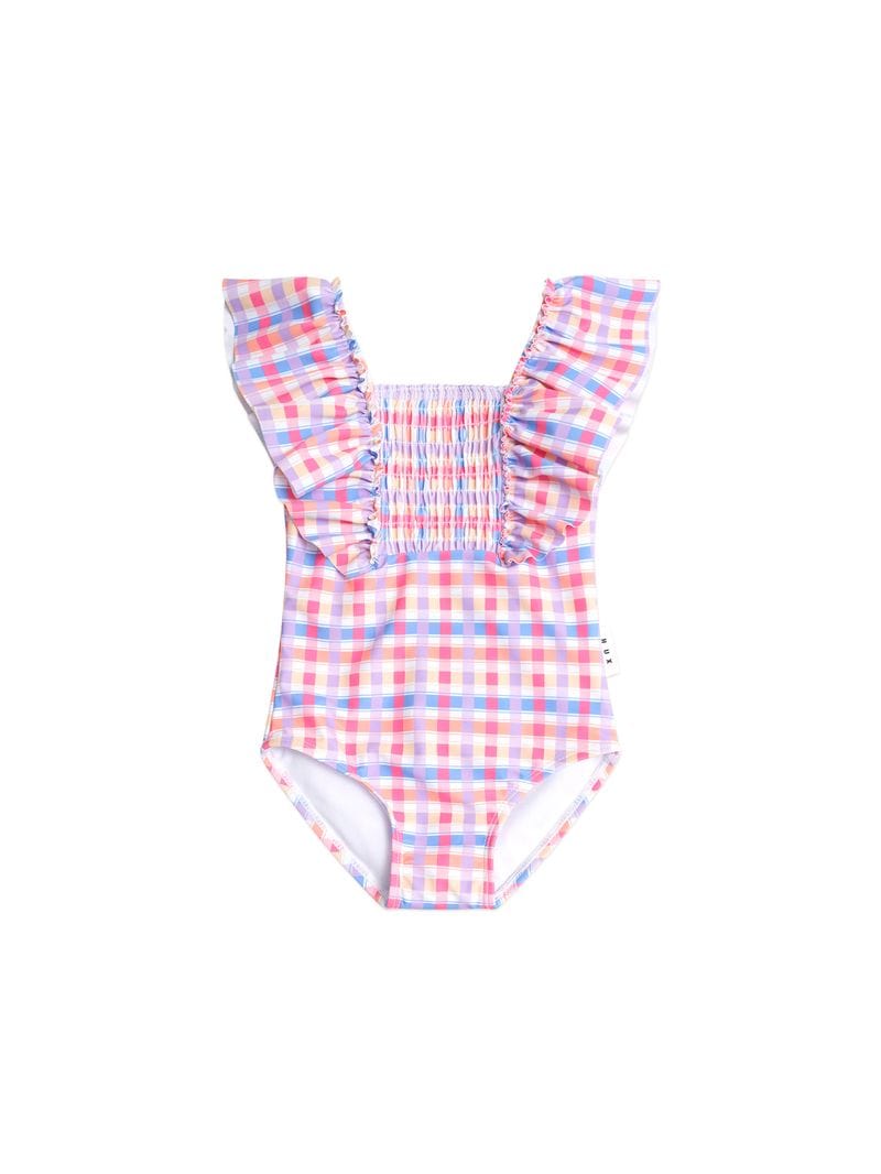 Huxbaby Girls Swimwear Shirred Frill Swimsuit Rainbow Check