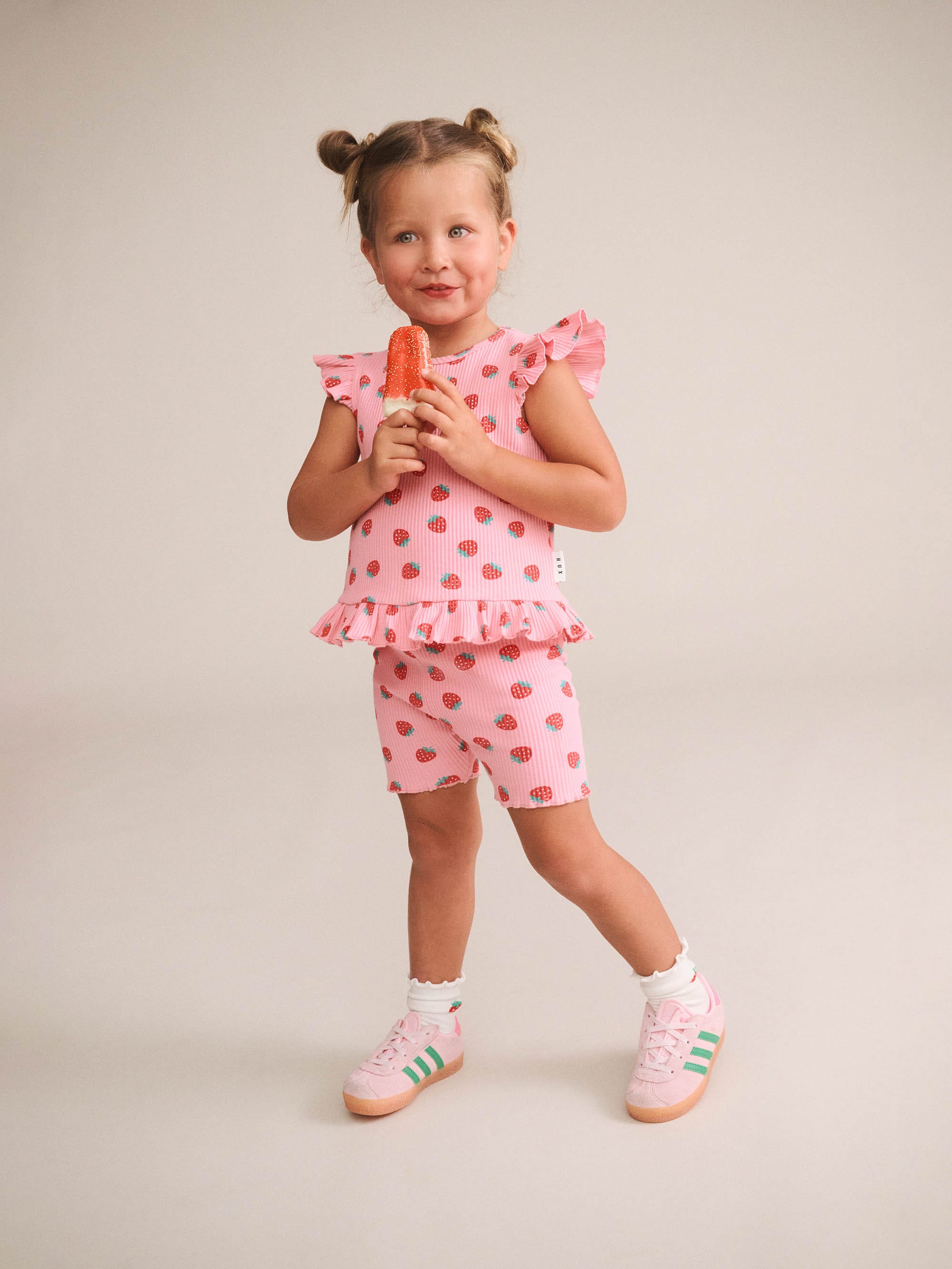 Huxbaby Girls Tee 2Y Strawberry Print Rib Peplum Tee
