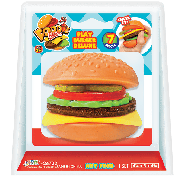 Ja-Ru Foodie Fusion Play Burger Deluxe toy burger set with colorful pretend food pieces