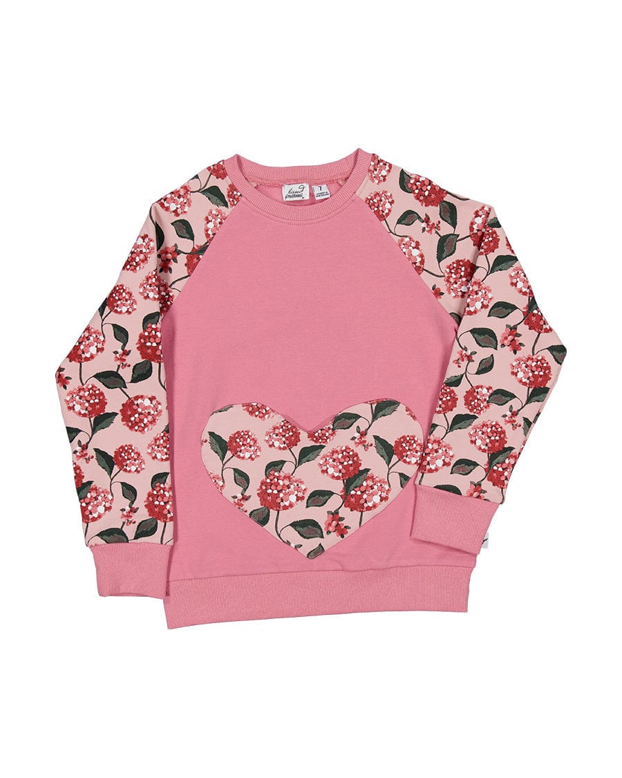 Kissed By Radicool Girls Jumper Floral Heart Pocket Raglan Crew