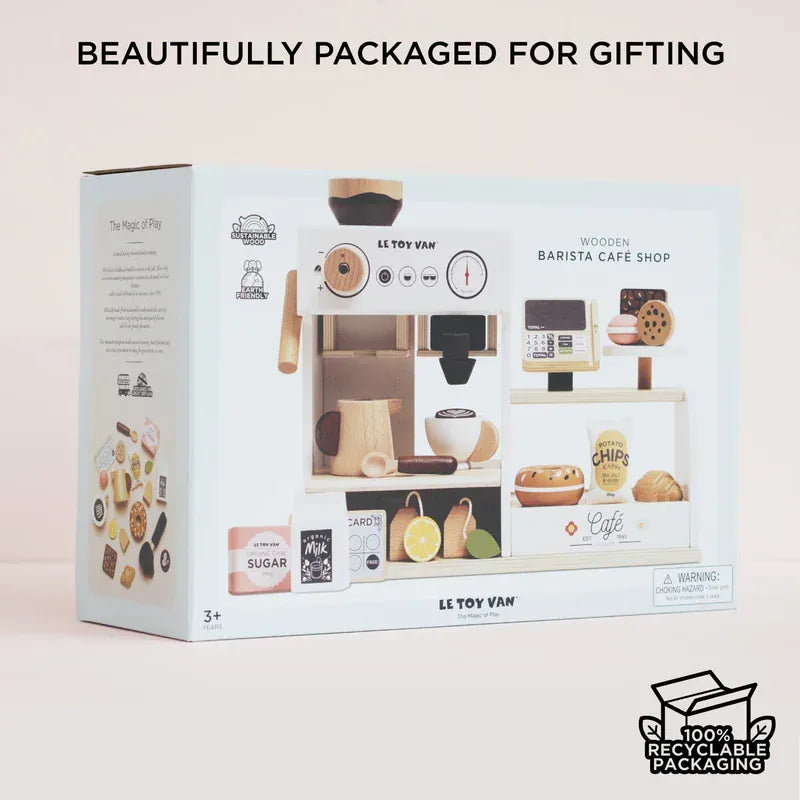 Le Toy Van Barista Cafe Shop wooden toy with counter and play café accessories