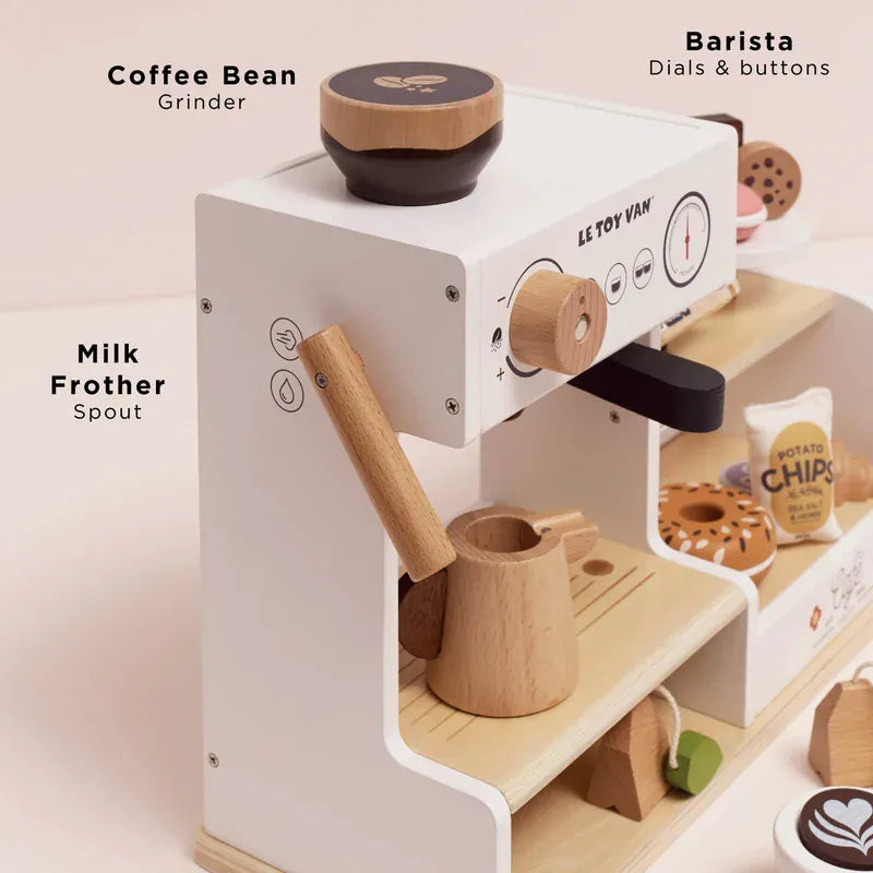 Le Toy Van Barista Cafe Shop wooden toy cafe with counter, menu board, coffee machine and accessories