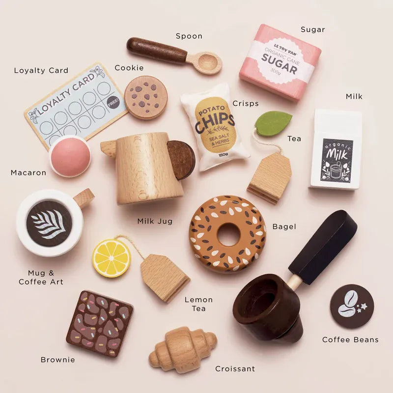 Le Toy Van Barista Cafe Shop toy with wooden café counter and pretend coffee accessories