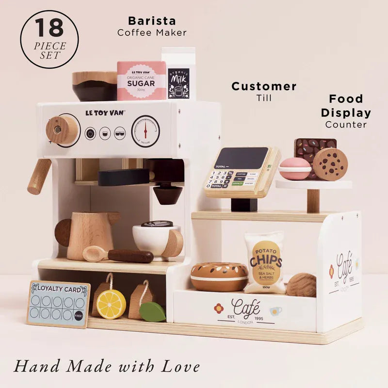Le Toy Van Barista Cafe Shop wooden toy set with cafe counter and barista accessories