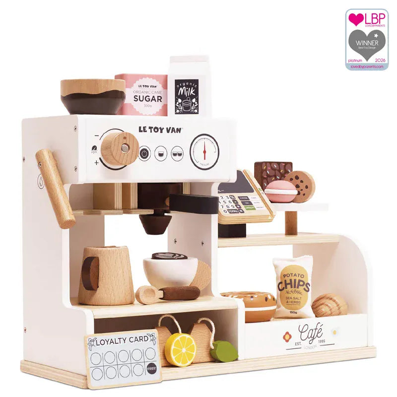 Le Toy Van Barista Cafe Shop wooden toy with counter, coffee machine, cups and accessories