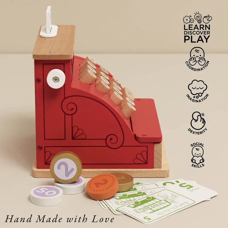 Le Toy Van toy cash register with wooden buttons and pretend play accessories