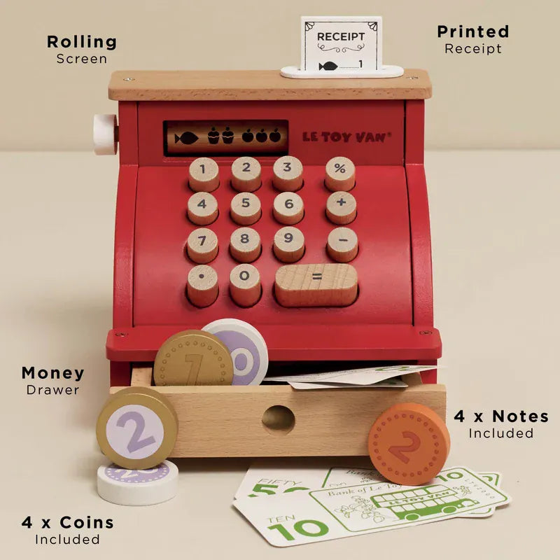 Le Toy Van wooden toy cash register with realistic buttons, drawers and play money setup