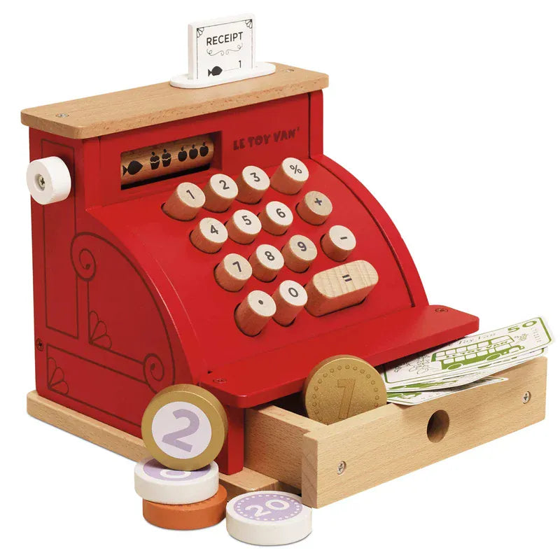 Le Toy Van wooden toy cash register with colorful buttons and play money setup