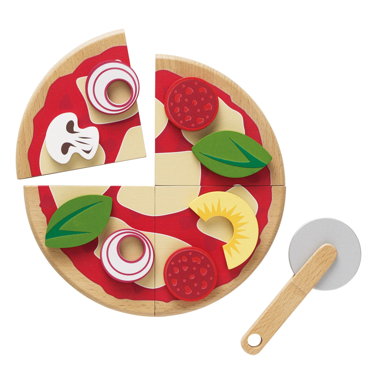 Le Toy Van Create Your Own Pizza toy set with colorful pretend pizza toppings and wooden play pieces