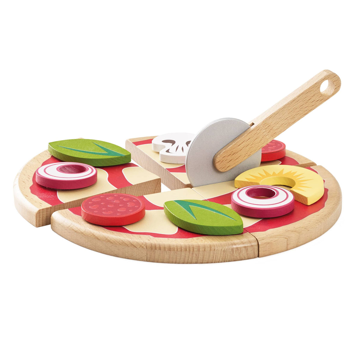 Le Toy Van Create Your Own Pizza wooden toy set with colorful pizza toppings and serving pieces