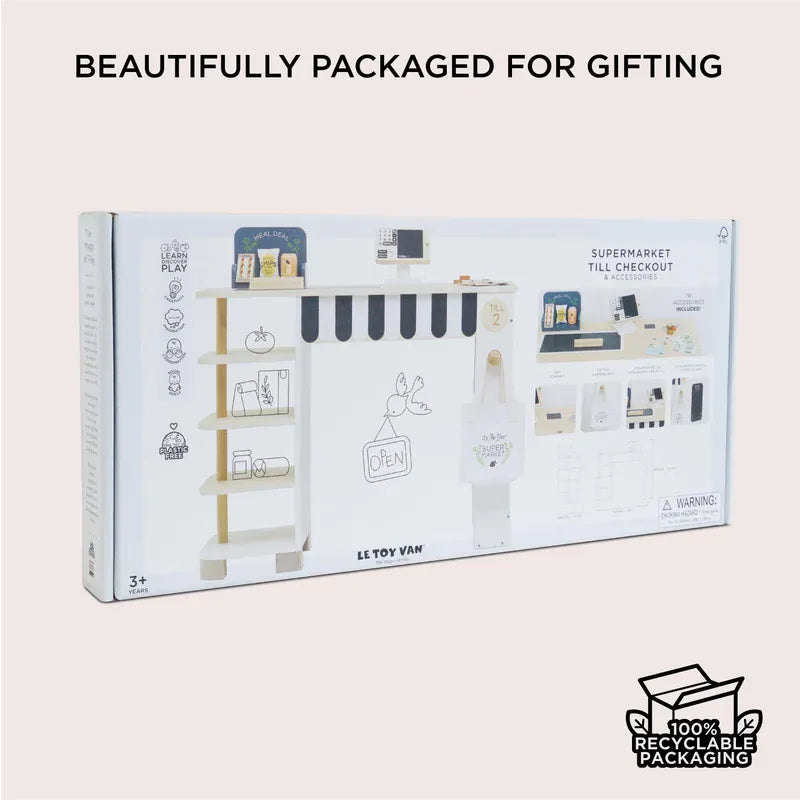 Le Toy Van Supermarket Till Checkout & Accessories toy set with wooden till and play food items