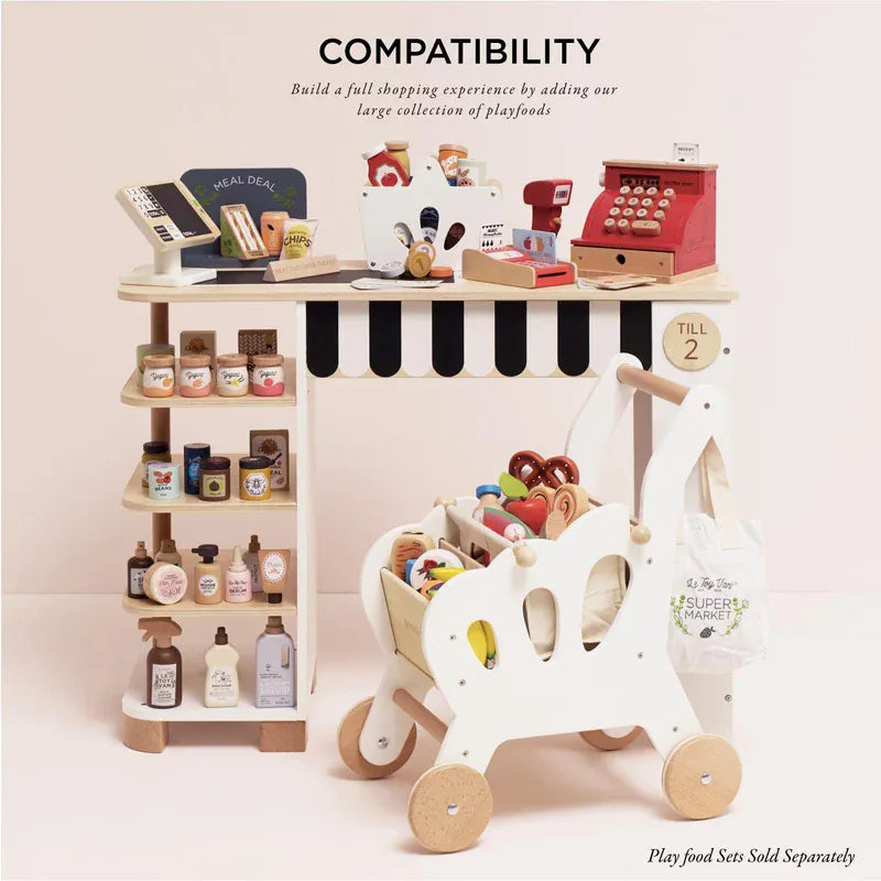 Le Toy Van supermarket till checkout and accessories toy set with wooden cash register and play grocery items