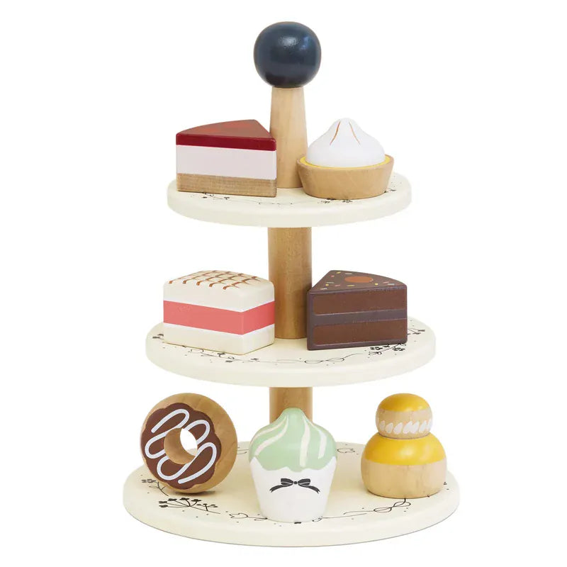 Le Toy Van wooden three tier cake stand toy with miniature cake treats