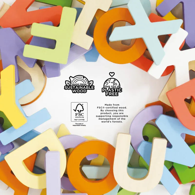 Le Toy Van wooden letters and bag set for children, colorful alphabet pieces in a storage bag