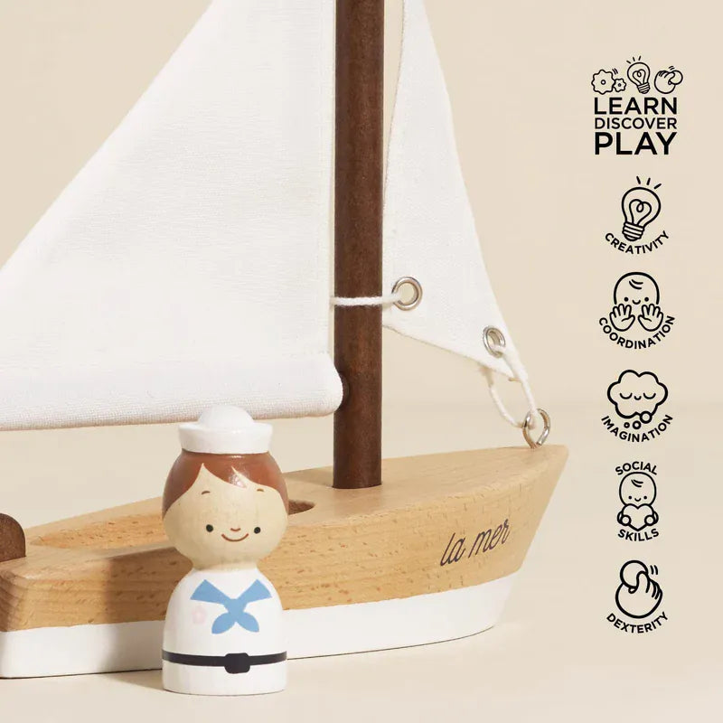 Le Toy Van wooden sailing boat toy with captain figure, natural wood design
