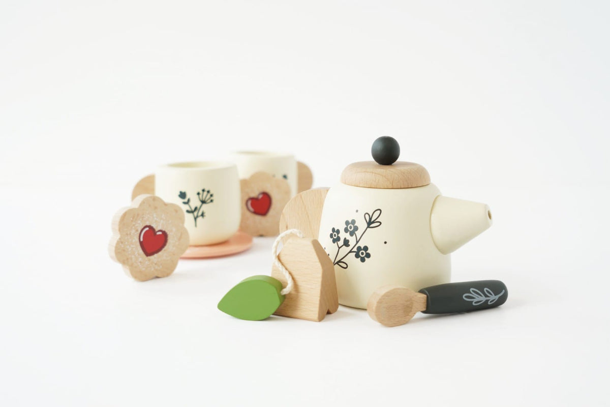 Le Toy Van wooden tea set and tray toy with miniature cups, teapot, and accessories